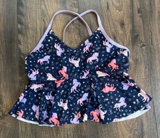 GUC Girl's Lands' End Tankini Swim Suit Top Blue Purple Pink Unicorns, Size: 12