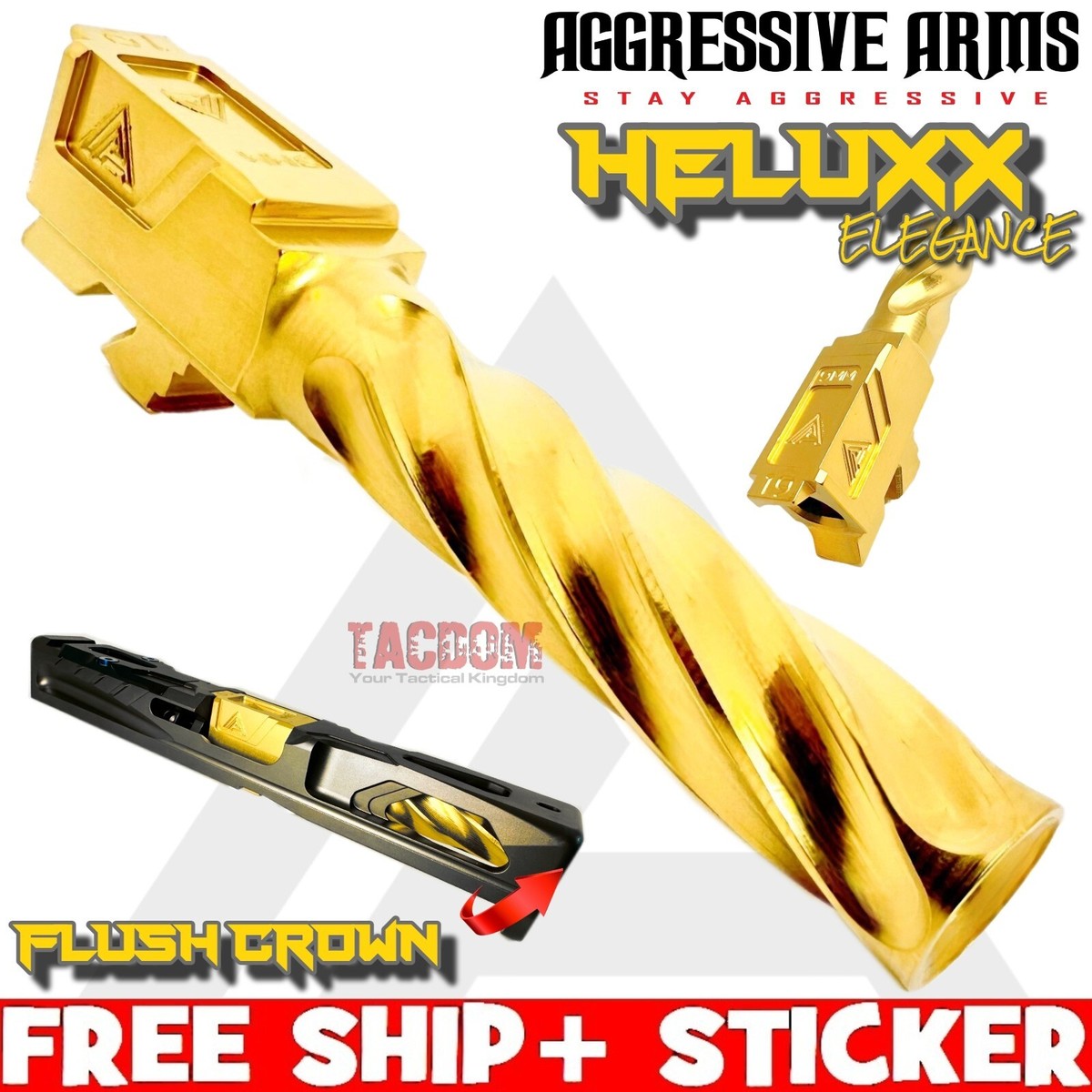 AGGRESSIVE ARMS HELUXX SHINY GOLD PLATE SPIRAL 9mm FLUSH CRN