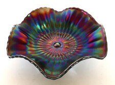 Vtg Carnival Glass Beautiful Swirl Rainbow Pattern Ruffled Bowl Dish Daisy Mark