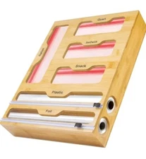 Bamboo Ziplock Bag Storage Organizer for Kitchen Drawer W/Plastic Wrap Dispenser