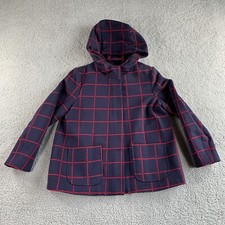 NEW Mango MNG Casual Jacket Womens Medium Blue Red Plaid Full Zip Hooded Coat