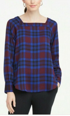 NWT $59.99 Ann Taylor Plaid Square neck Blouse Large Striped Ruffle 