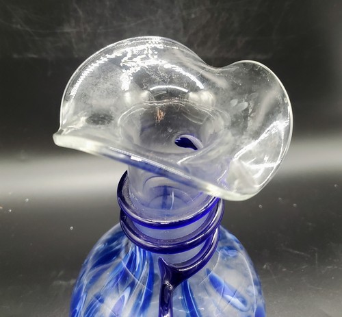 Art Glass Vase Cobalt Blue Clear Glass Cobalt Blue Applied Spiral & Handle 9" - Picture 8 of 10