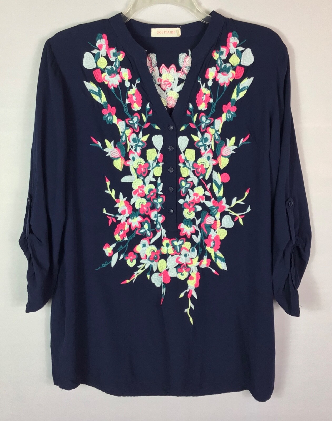 Solitaire Blouse Womens Large Navy Blue Pink Embroidered 3/4 Sleeve Boho Peasant