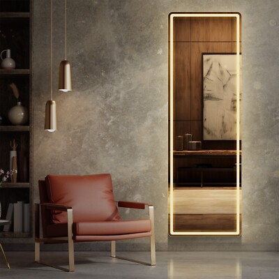 HOMEFLA 2 Sizes Full Body Mirror LED 3-Color Lighted Mirror-Leaning,Wall Mounted