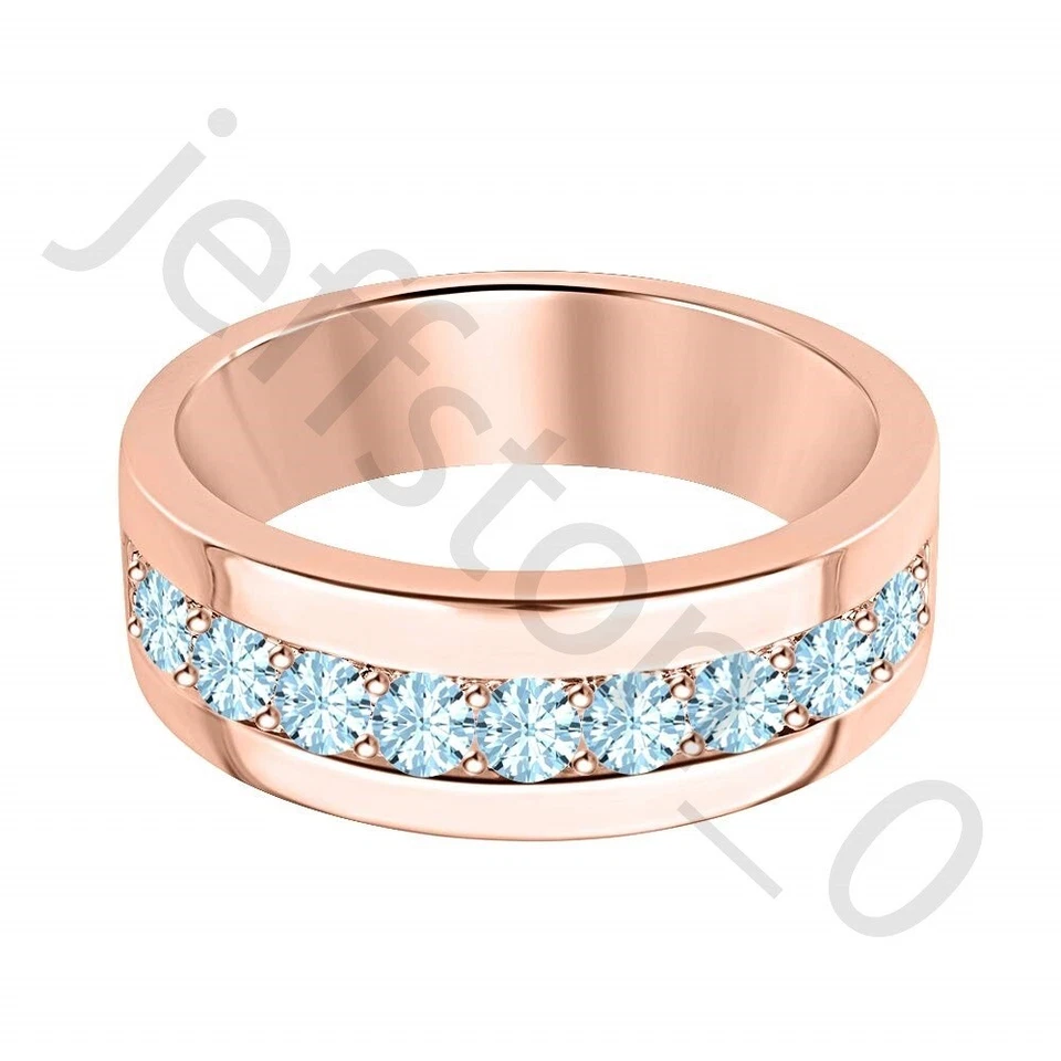 Anillo de boda para hombre de oro rosa de 14 quilates con aguamarina creado en laboratorio de 0,45 quilates Foto 2 de 4