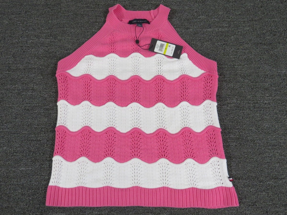 Tommy Hilfiger Shirt Womens Medium Pink White Stripe Knit Tank Top New