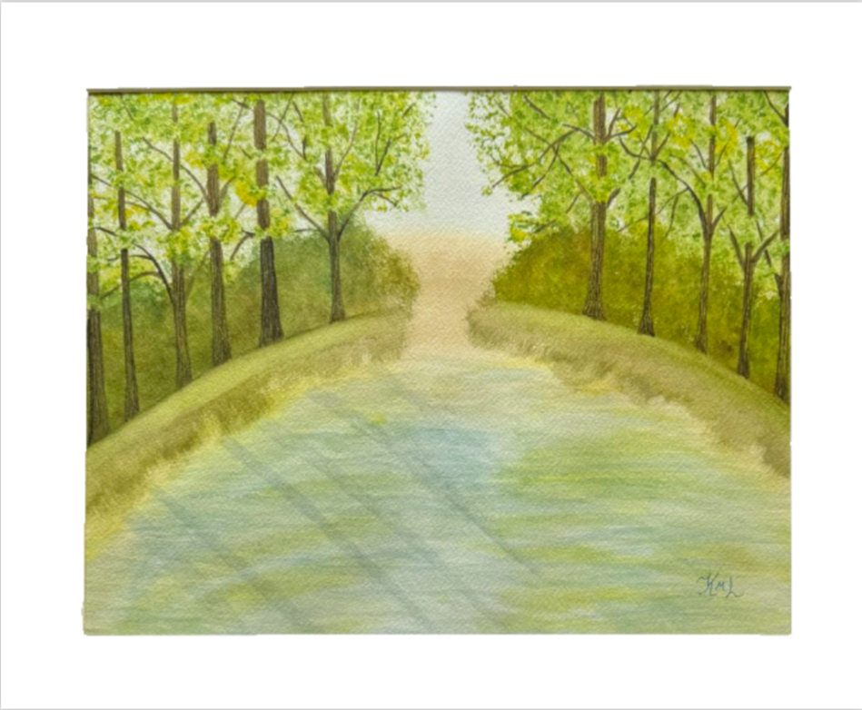 PAINTING WATERCOLOR TREES WOODS POND LANDSCAPE GREEN BLUE 11X14 DOUBLE ...