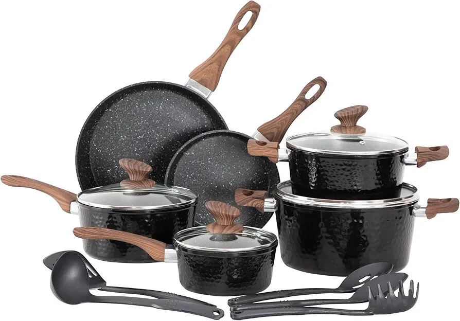 15 Piece Non-Stick Cookware Set, Nonstick Induction Granite-Coated Pots and Pans