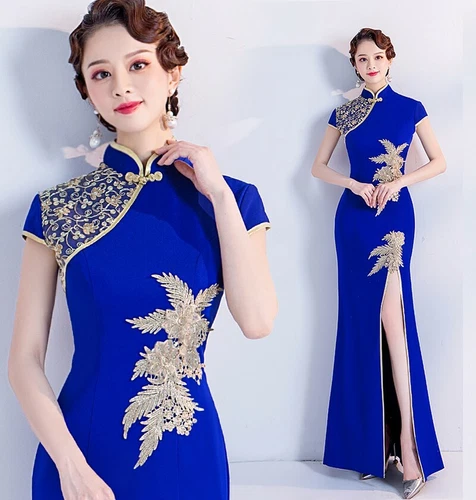 Hochgeschlitztes chinesisches Qipao-Damenkleid Cheongsam Stickerei Abschlussball Abend Party - Bild 3 von 17