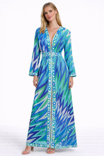 EMILIO PUCCI Formfit Rogers Mod Print Kimono Robe Open Maxi Dress Gown S  10-12