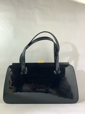Jaffa Vintage 50er Jahre schwarze Lack Handtasche mit Buff Wildleder Lederfutter 