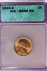 1945 S ICG MS66RD LINCOLN WHEAT CENT #B52507 — photo 1