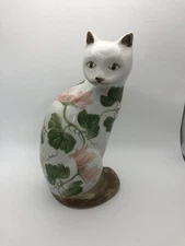 Floral Decorative Cat Figurine Green Pink Ornament Made In Thailand