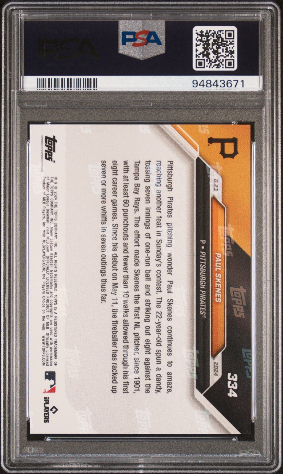 Paul Skenes 2024 Topps Now ROOKIE RC #334 PIRATES PSA 10 view 2
