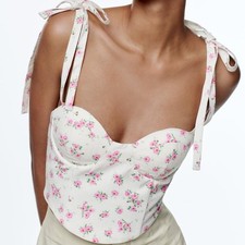 Zara - Woman  s Floral Printed Corset Crop Top in White/Pink - Size S
