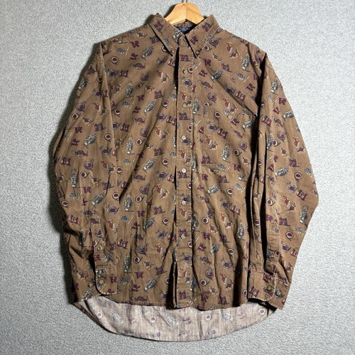 Bill Blass, Vintage Bill Blass Corduroy Shirt Mens M Brown Novelty Lantern AOP Button Up 90s