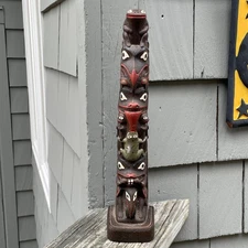 12.5" Boma Northwest Indigenous Canadian Dark Resin Painted Totem Pole Frog