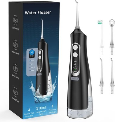 Water Flosser Munddusche mit 4 Aufsätze IPX7 4 Reinigungsmodi 310 ml Wassertank