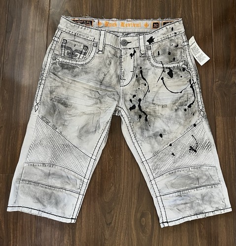 nwt Mens Rock Revival Jamal Cement Crystals Leather Inserts Moto Shorts 32 - Picture 1 of 6