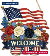 4th of July Welcome Sign - Independence Day Wooden Hanger Door Sign USA Patrioti