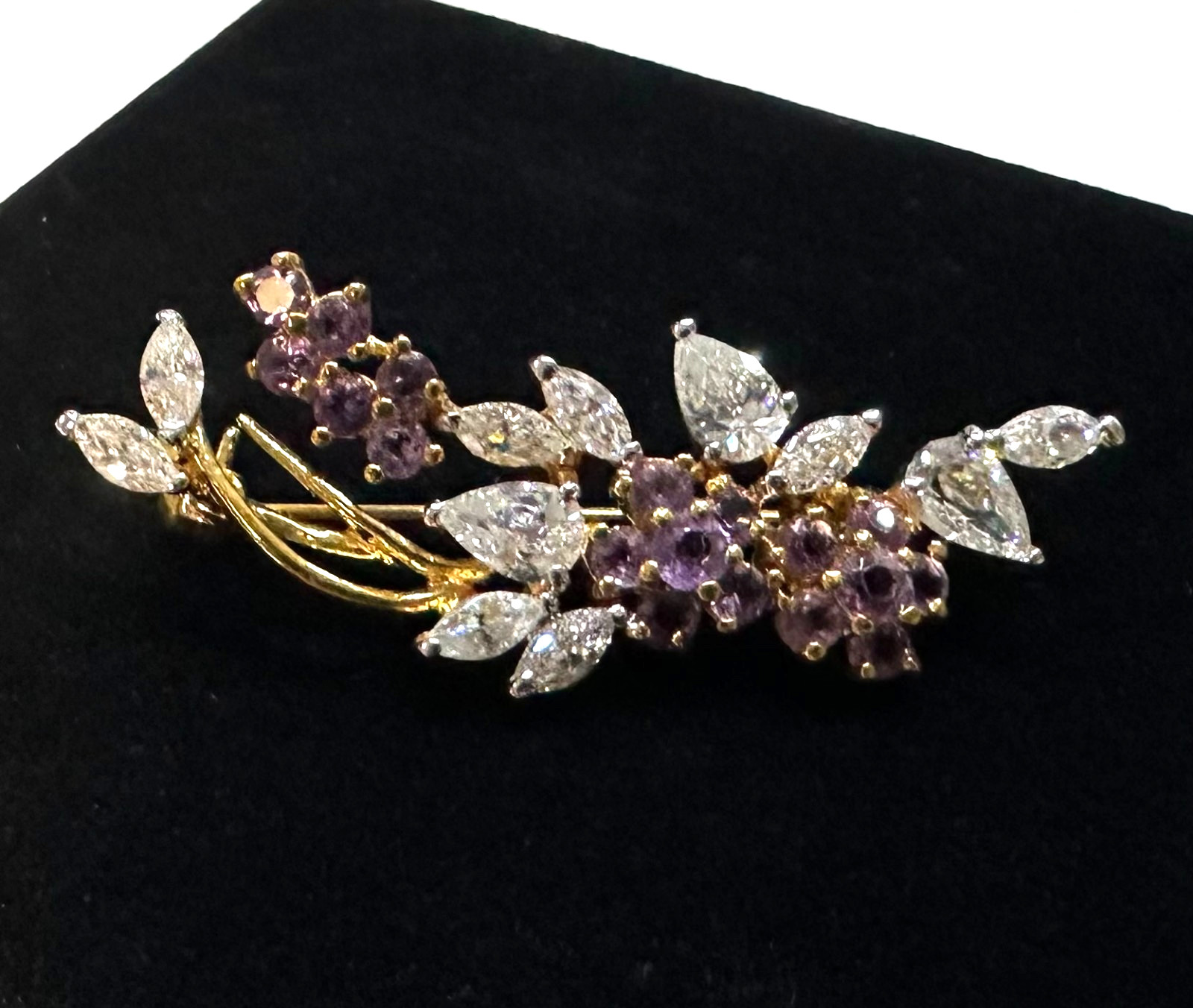 Vtg Costume Purple & Clear Flower Gold Tone Brooch Jewelry Lot I