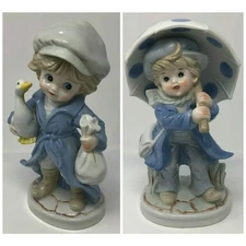 KPM Blue & White Porcelain Boy Figures Set of 2 Konigliche Porzellan Manfaktur