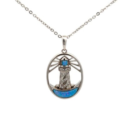 Sterling Silver Lab Created Opal And CZ Lighthouse Necklace (3/4 x 1 1/4 Inch)