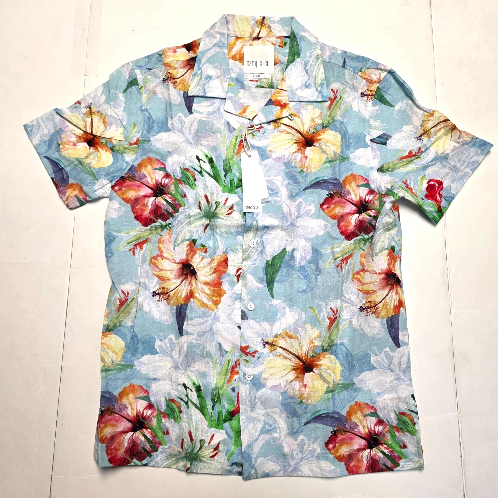 $159 New CAMP & CO Cotton LINEN Shirt Men's SMALL S Multicolor Floral RELAX FIT
