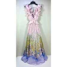 Zimmermann Floral Ruffle Linen & Silk Gown Maxi Dress Blue Meadow US 8  AU 2 NWT