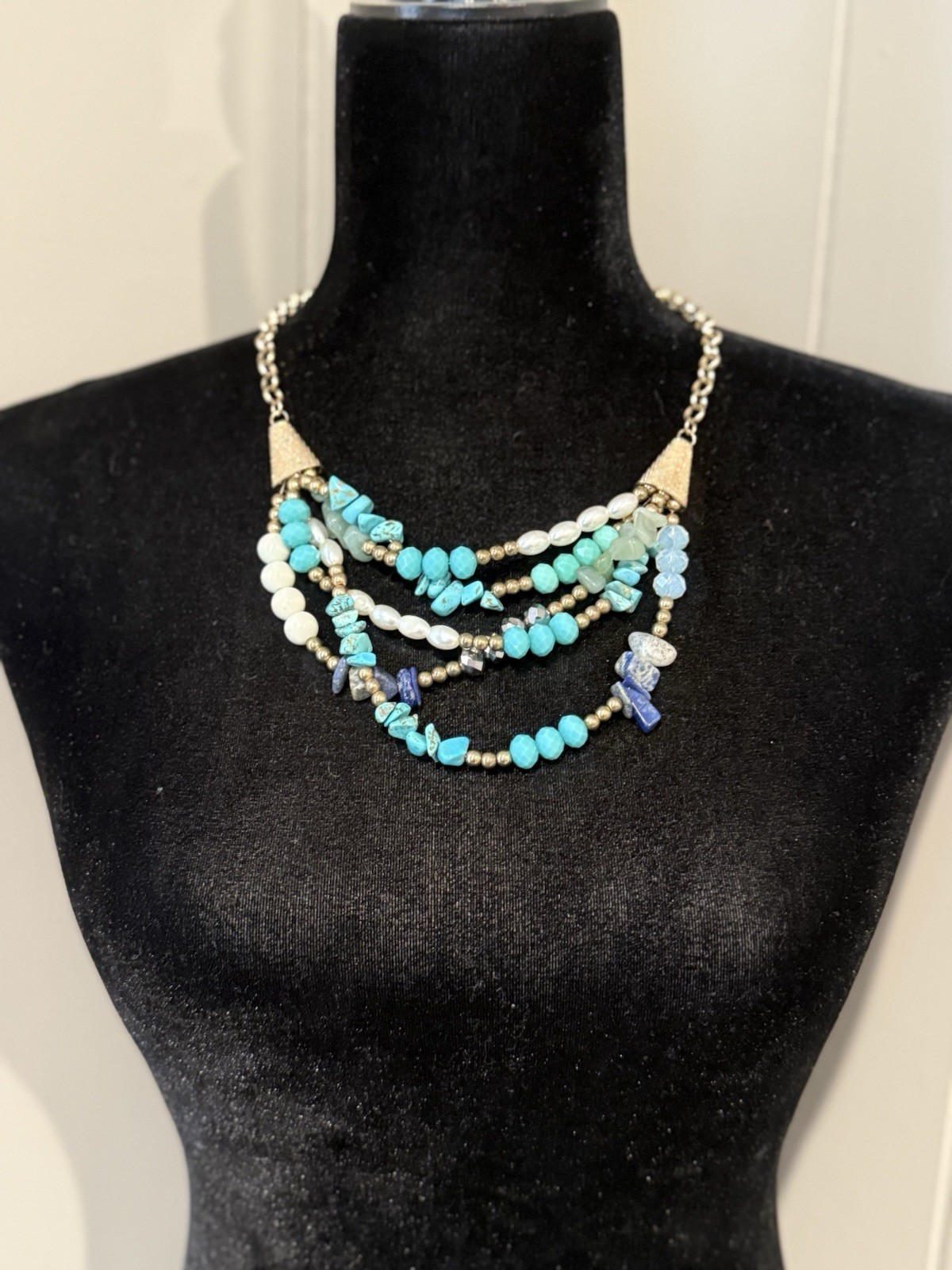 Boho Multistrand Statement Necklace Turquoise Jad… - image 1