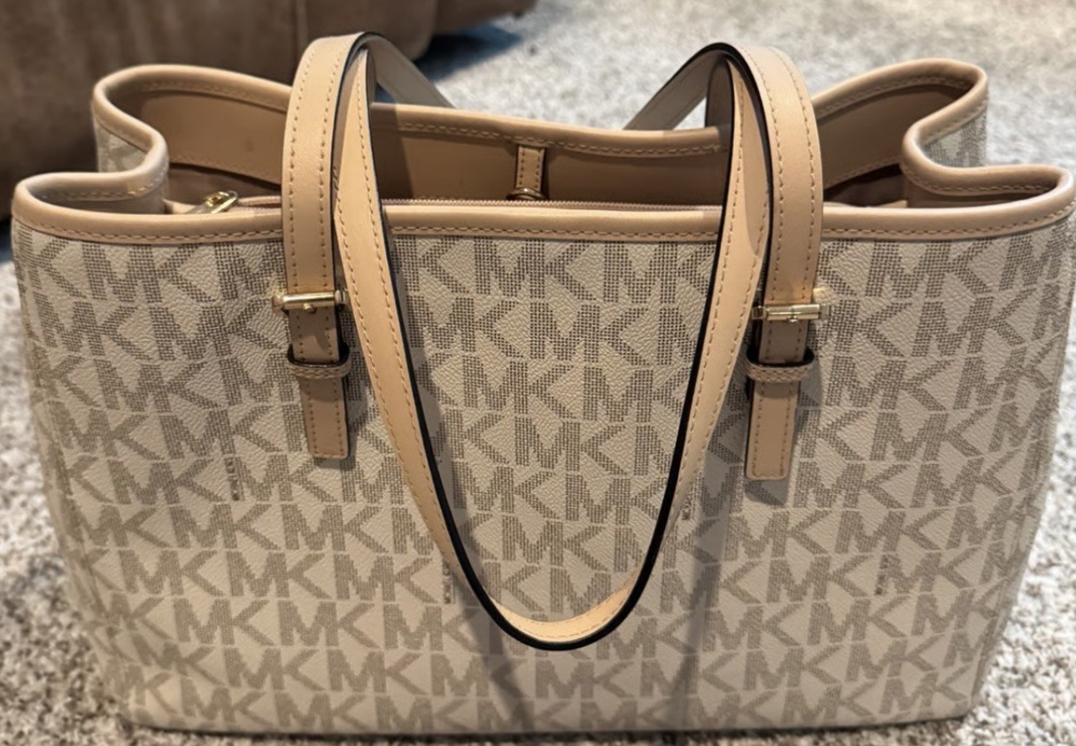 Michael Kors Jet Set Monogram Vanilla Beige Top Zip Tote Bag