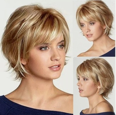 New Short Choppy Layered Wavy Hair Blend Capless Wig Natural Daily Mix Blonde