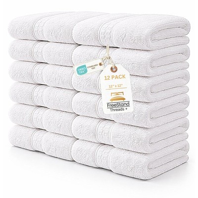Threads+ 12 Pack White Wash Cloths, 100% Cotton, Soft & Absorbent, 12x12, 600...