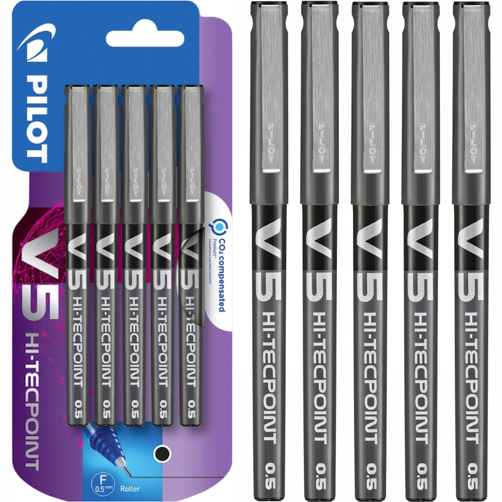 Pilot V5 Hi-Tecpoint Rollerball Liquid Ink Pen 0.5mm BX-V5 Black Pack of 5