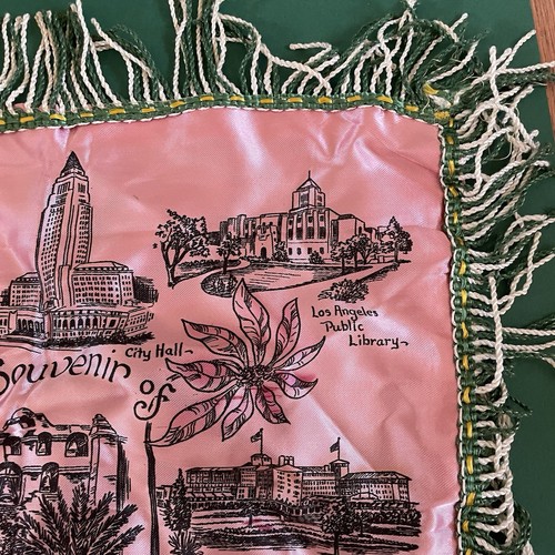 Vintage Souvenir Of Los Angeles Satin Pillow 1940's Pink Green Gold Regency - Picture 3 of 6