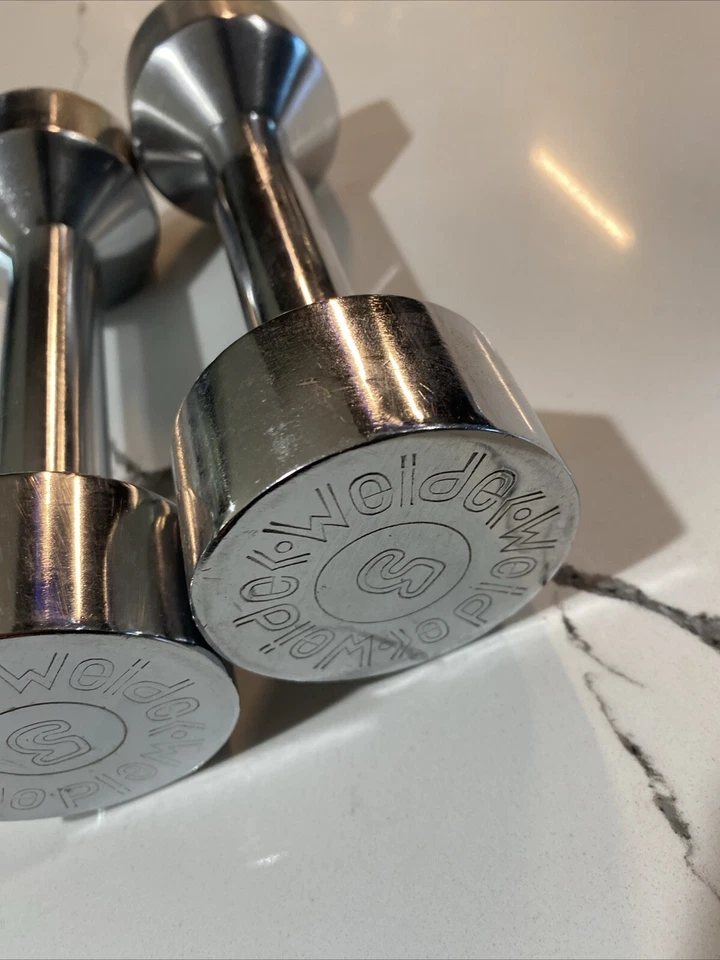 Juego de pesas vintage de mancuernas cromadas de 5 lb Joe Weider. Par de pesas de 5 libras Foto 3 de 4