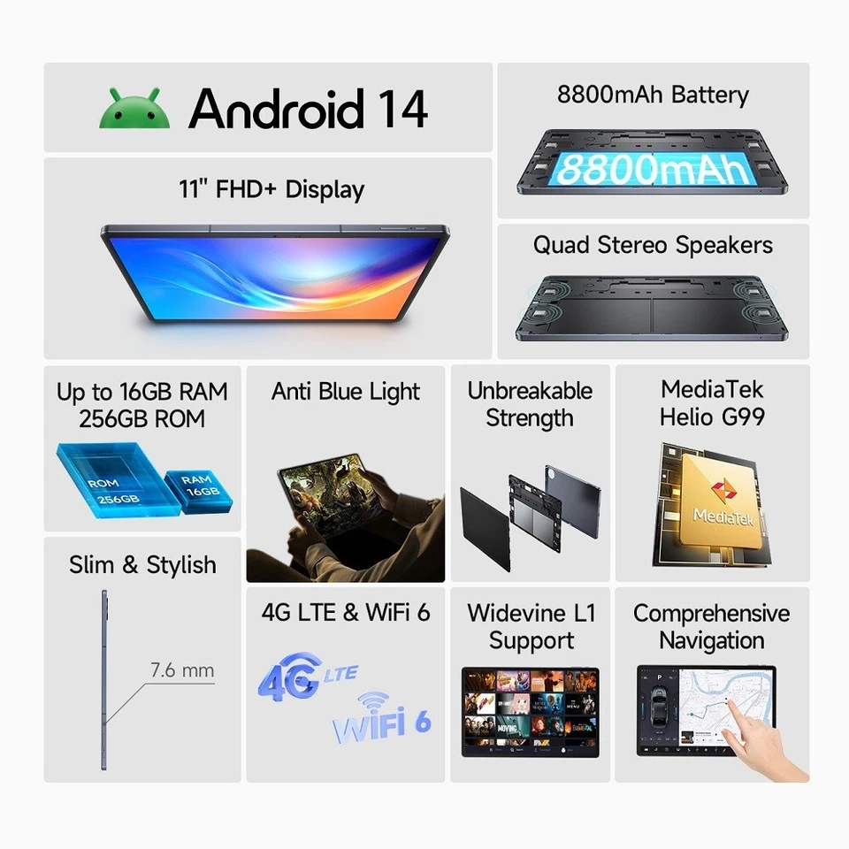Ulefone Tab A11 Pro 4G Tablet PC 11" 16GB+256GB Android 14 8800mAh Helio G99 Pad - Bild 2 von 4