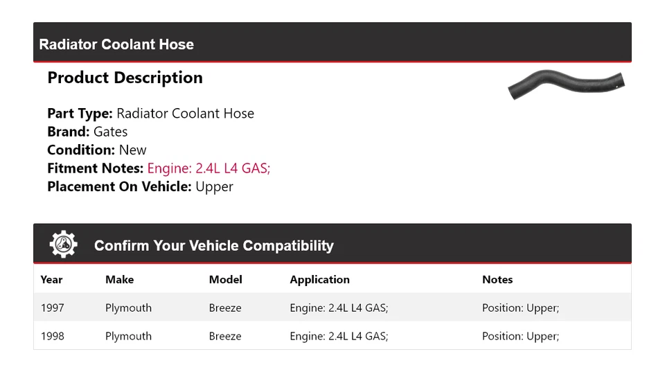 Manguera de refrigerante de radiador de gas Plymouth Breeze 1997-1998 2,4 L L4 puertas superiores Foto 2 de 4