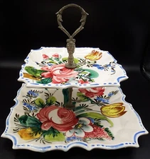 VTG  Italian Nove Faience hand painted 2 tier Tidbit Tray EXC!!
