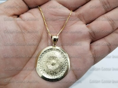 Sale Real Yellow Gold Aztec Sun Mayan Calendar  Pendant Charm Free Box Chain