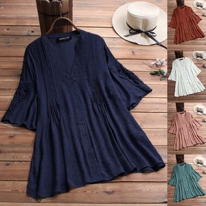 Floral-Solid-T-Shirt-Loose-Fashion-Top-Short-Sleeve-Blouse-V-Neck-Tops-Elegant