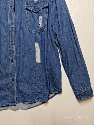 New Look Denim Shirt Women's Large Blue 100% Cotton Pockets Distressed Button-Up - Picture 4 of 16