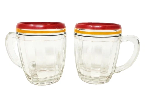 2 - Anchor Hocking Pillar Optic Mugs - Red Orange Stripe Beer Coffee Mug - 10 Oz