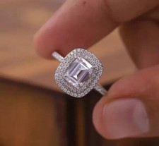 2Ct Emerald Cut Lab Created Diamond Halo Engagement Ring 14K White Gold Plated