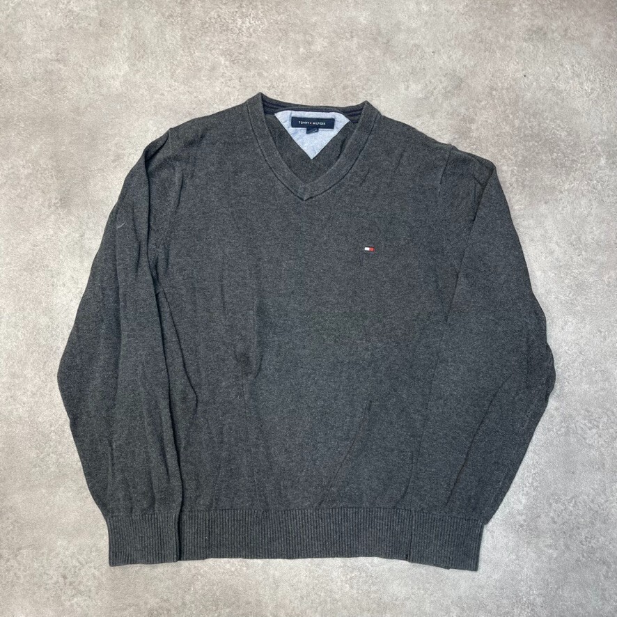 Tommy Hilfiger Jumper Mens Knit V-Neck Knitted Sweater, Grey Medium