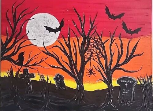 Halloween Cemetery Painting Folk Art on Canvas, Signed and ready to hang - Picture 3 of 6