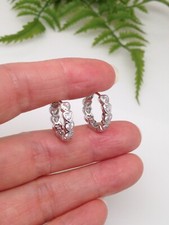 CZ Heart All Around Hoop Earrings Sterling Silver 925 Small Hoops 16mm/12mm x3mm