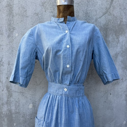 Antique Edwardian Blue Chambray Cotton Dress Workwear Prairie Maxi Vintage - Picture 2 of 23