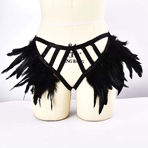 Victorian Cosplay Goth Feather Body Harness and Brief SET - Black (Style 10) - Picture 5 of 5